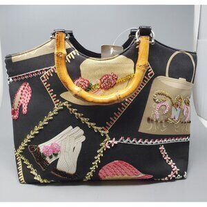 NWT Vintage Bamboo Handle "I Live to Shop" Beaded & Sequin Fabric Handbag